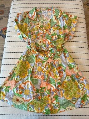 Floral Patchwork Button-Front Dress with Belt - Green/Orange/Yellow
